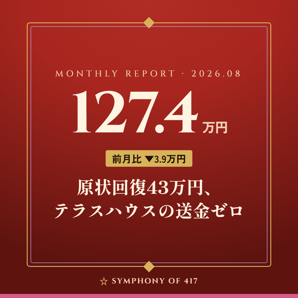 【月次レポート】2026年8月——原状回復43万円、テラスハウスの送金ゼロ